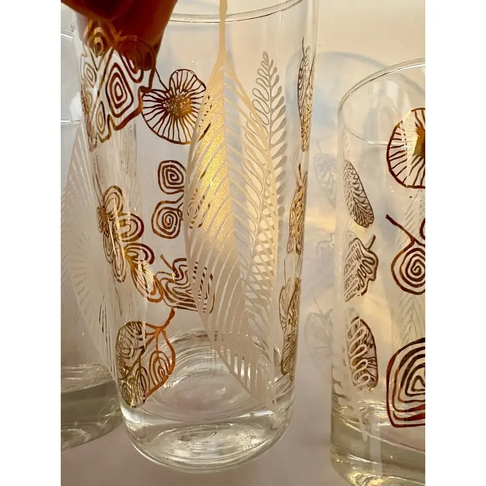 Sold sold sold Libbey Tumblers Gold White Leaves MCM Set of 4 Drinkware Barware - Picture 5 of 5